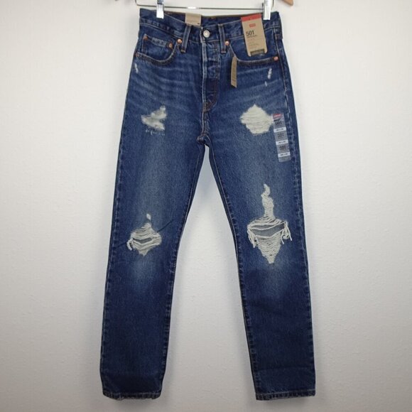 Levi's 501 Jeans Women's Size 26x30 Blue Denim Button Fly Distressed Straight - Picture 1 of 11